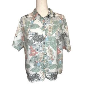 C&C California 100% Linen Button Down Floral Boxy Large Beach Hawaiian Aloha